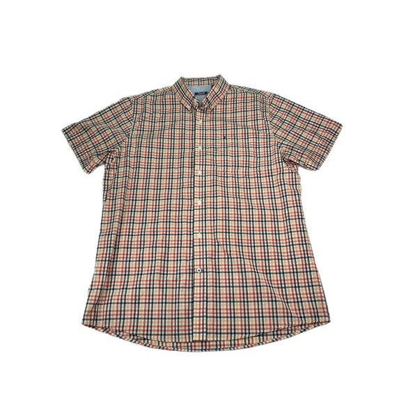 Izod Shirt Mens Large Button Up Plaid Orange Red Blue Short Sleeve Pocket - Picture 1 of 7